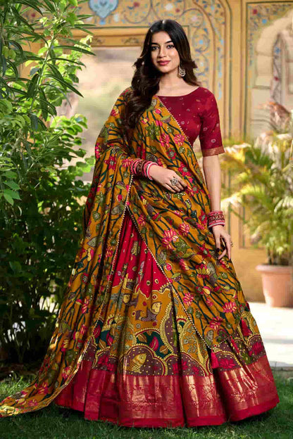 Tasar Silk Kalamkari Print Foil Work Lehenga Choli In Red Colour