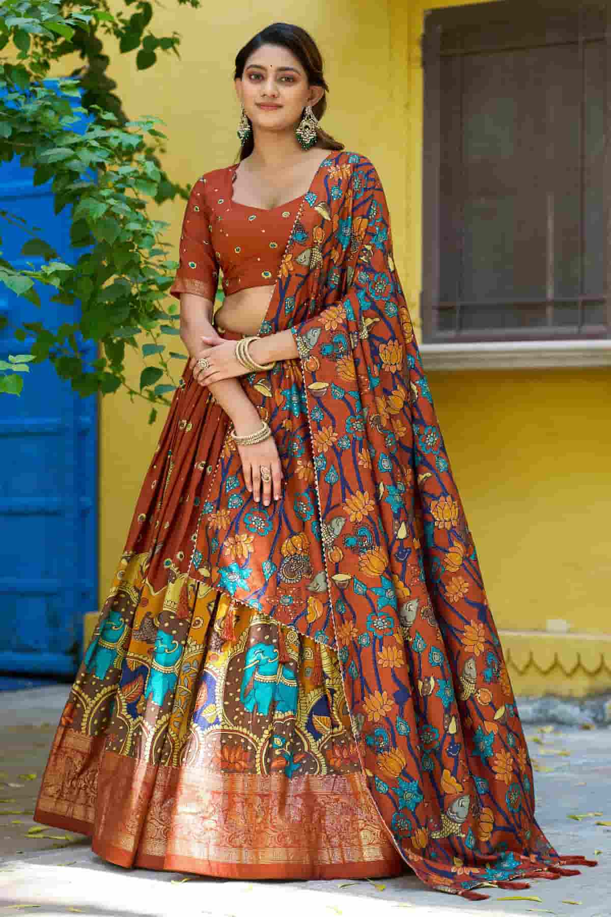 Tasar Silk Kalamkari Print Foil Work Lehenga Choli In Red Colour