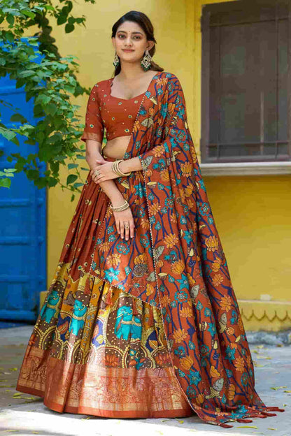 Tasar Silk Kalamkari Print Foil Work Lehenga Choli In Red Colour