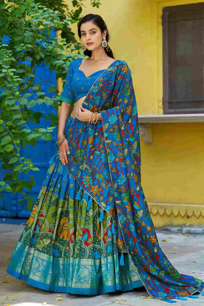 Tasar Silk Kalamkari Print Foil Work Lehenga Choli In Sky Blue Colour