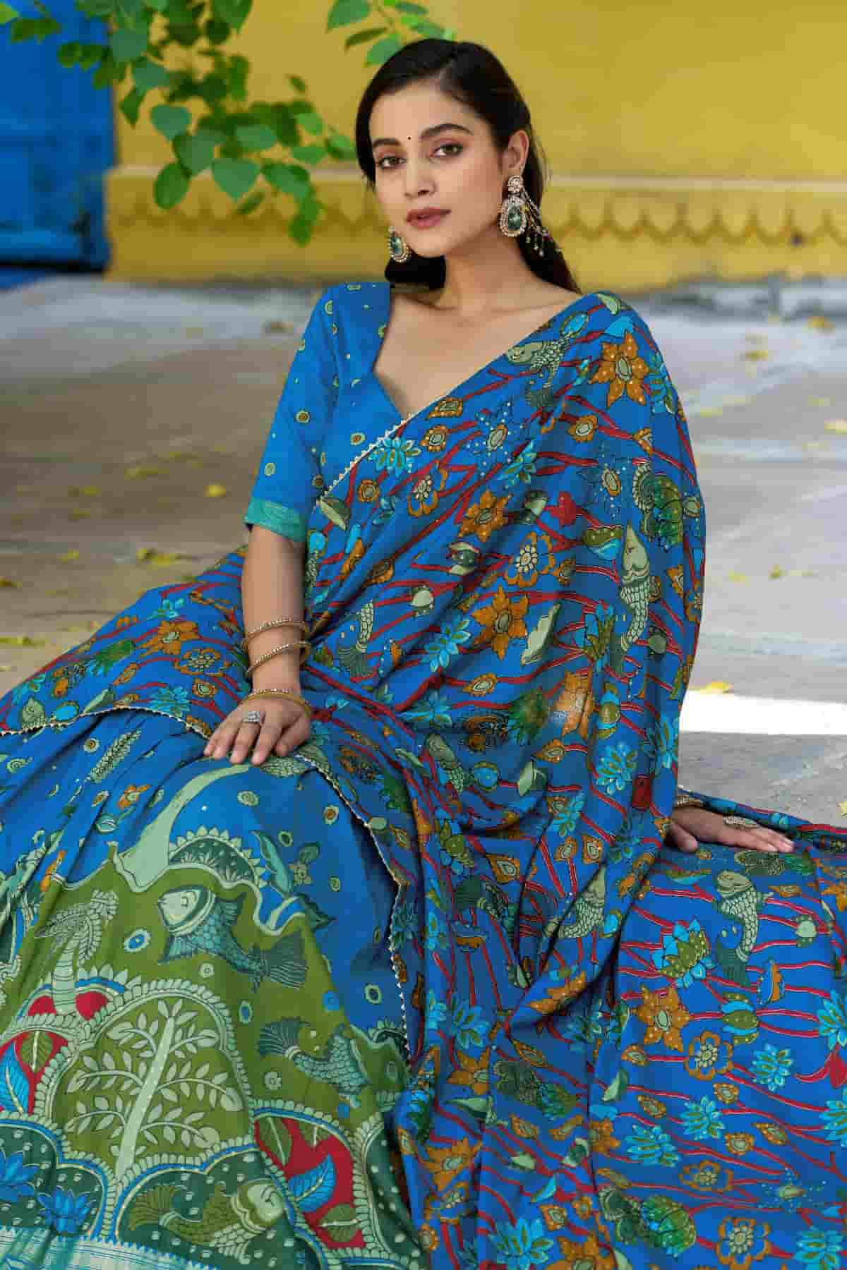 Tasar Silk Kalamkari Print Foil Work Lehenga Choli In Sky Blue Colour