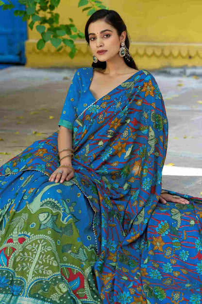 Tasar Silk Kalamkari Print Foil Work Lehenga Choli In Sky Blue Colour