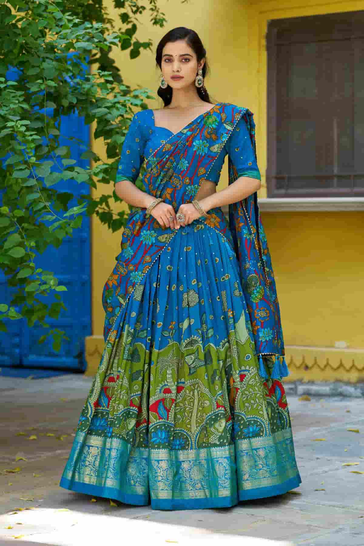 Tasar Silk Kalamkari Print Foil Work Lehenga Choli In Sky Blue Colour