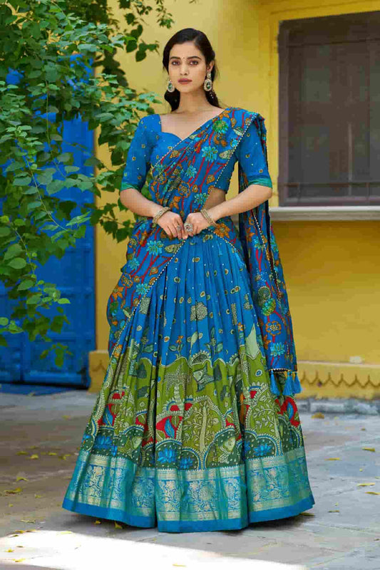 Tasar Silk Kalamkari Print Foil Work Lehenga Choli In Sky Blue Colour