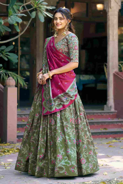 Tasar Silk Motif Foil Print Lehenga Choli In Green Colour