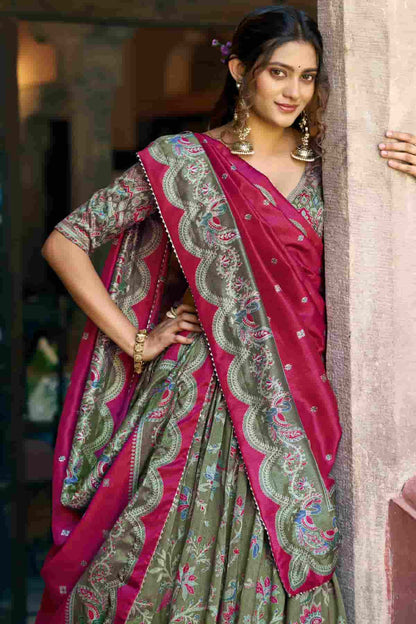 Tasar Silk Motif Foil Print Lehenga Choli In Green Colour