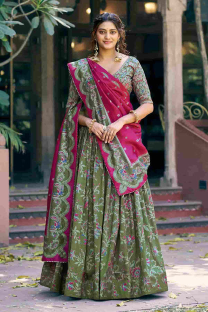 Tasar Silk Motif Foil Print Lehenga Choli In Green Colour