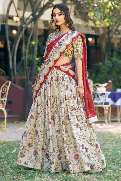 Tasar Silk Motif Foil Print Lehenga Choli In Off White Colour