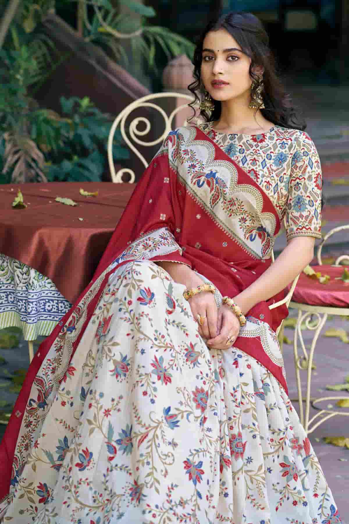 Tasar Silk Motif Foil Print Lehenga Choli In Off White Colour