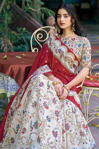 Tasar Silk Motif Foil Print Lehenga Choli In Off White Colour