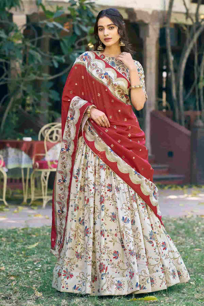 Tasar Silk Motif Foil Print Lehenga Choli In Off White Colour