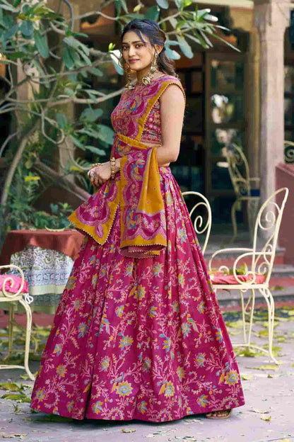 Tasar Silk Motif Foil Print Lehenga Choli In Pink Colour