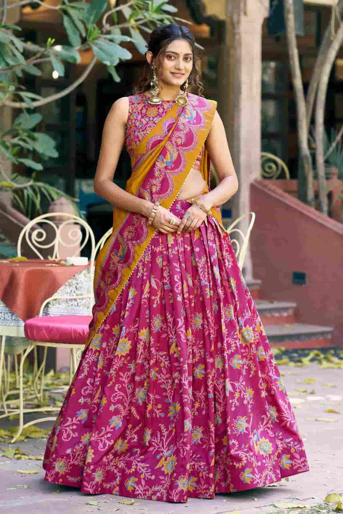 Tasar Silk Motif Foil Print Lehenga Choli In Pink Colour