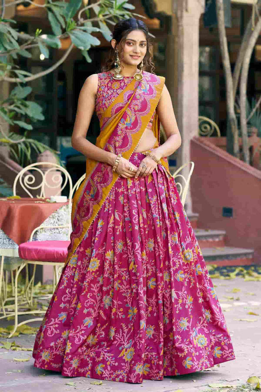 Tasar Silk Motif Foil Print Lehenga Choli In Pink Colour