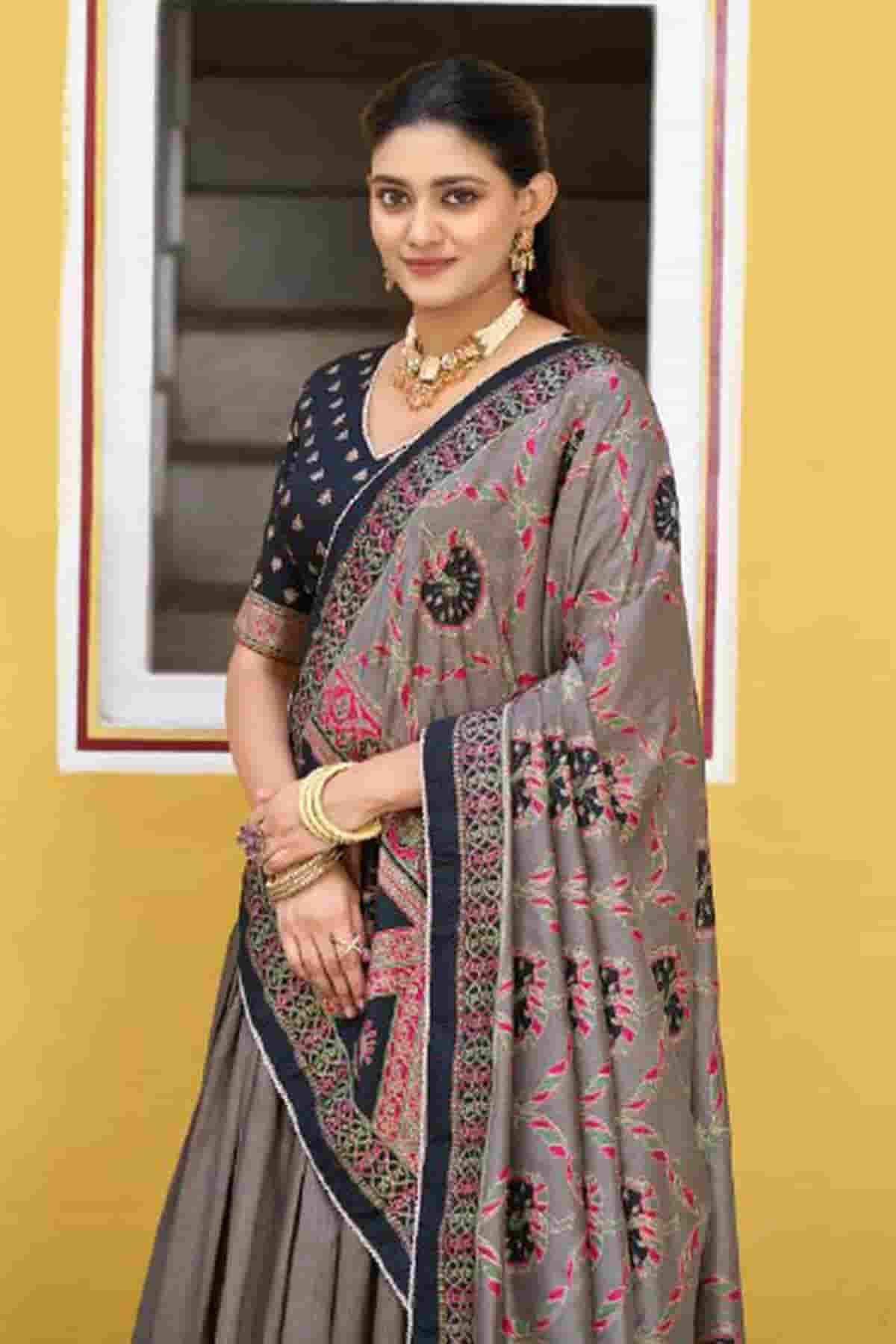 Tasar Silk Zari Woven Work Lehenga Choli In Black Colour