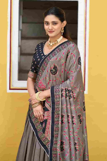 Tasar Silk Zari Woven Work Lehenga Choli In Black Colour