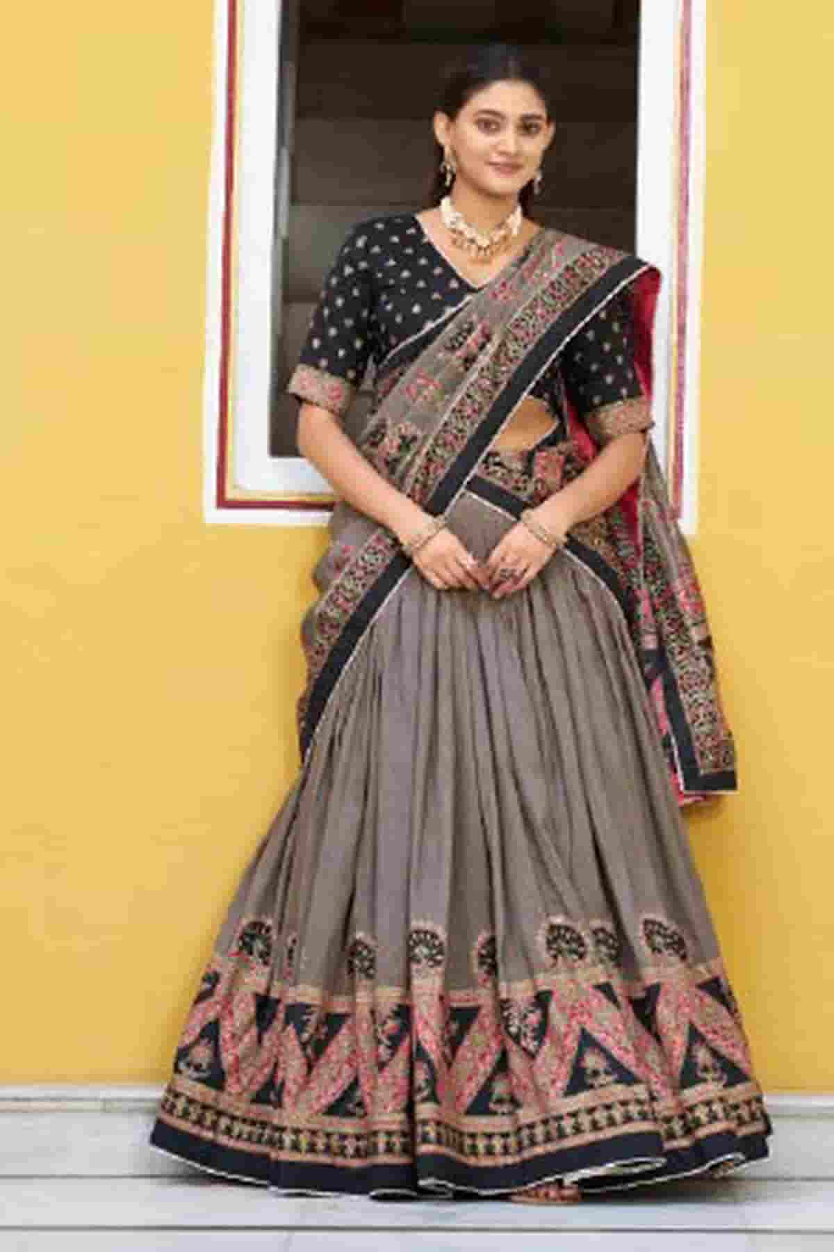 Tasar Silk Zari Woven Work Lehenga Choli In Black Colour