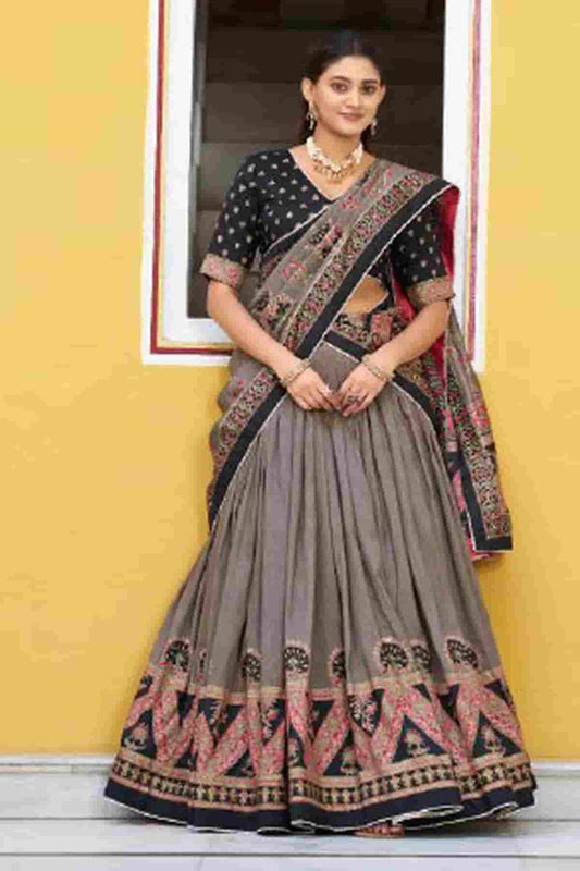 Tasar Silk Zari Woven Work Lehenga Choli In Black Colour