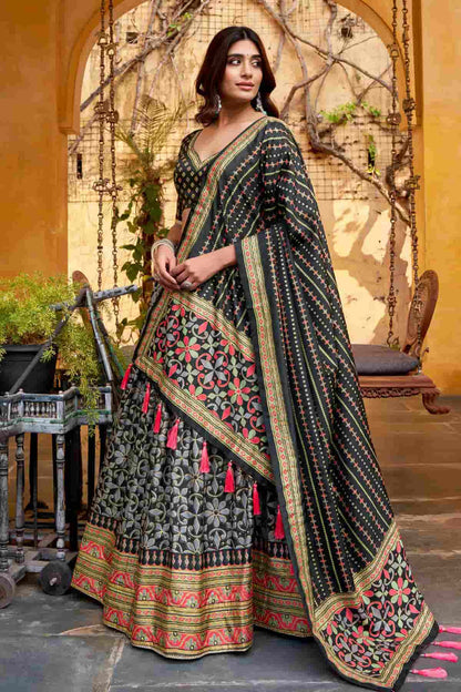 Tasar Silk Zari Woven Work Lehenga Choli In Black Colour