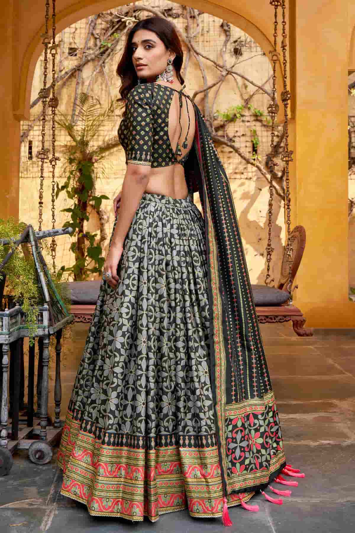 Tasar Silk Zari Woven Work Lehenga Choli In Black Colour