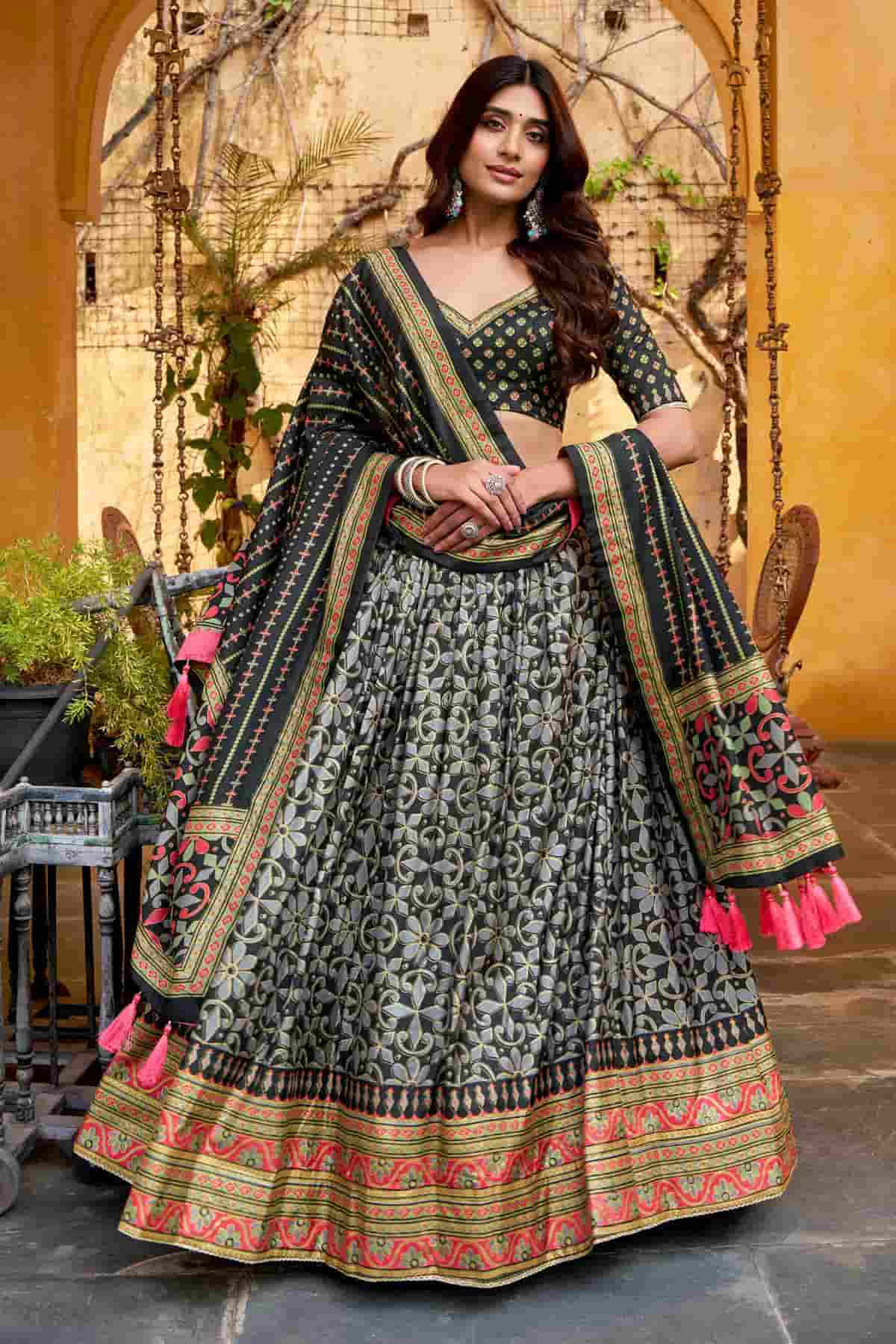 Tasar Silk Zari Woven Work Lehenga Choli In Black Colour