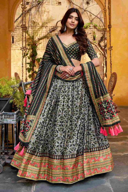 Tasar Silk Zari Woven Work Lehenga Choli In Black Colour