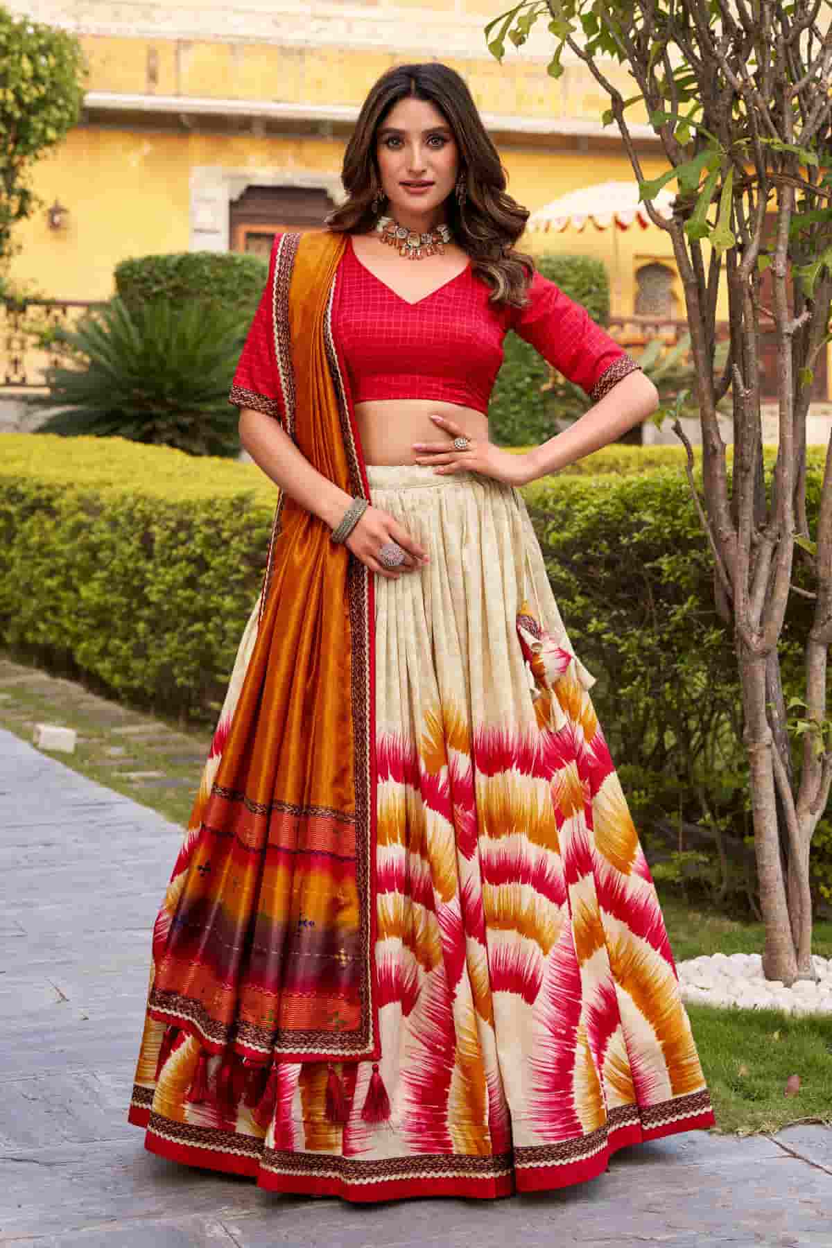 Tasar Silk Zari Woven Work Lehenga Choli In Red Colour