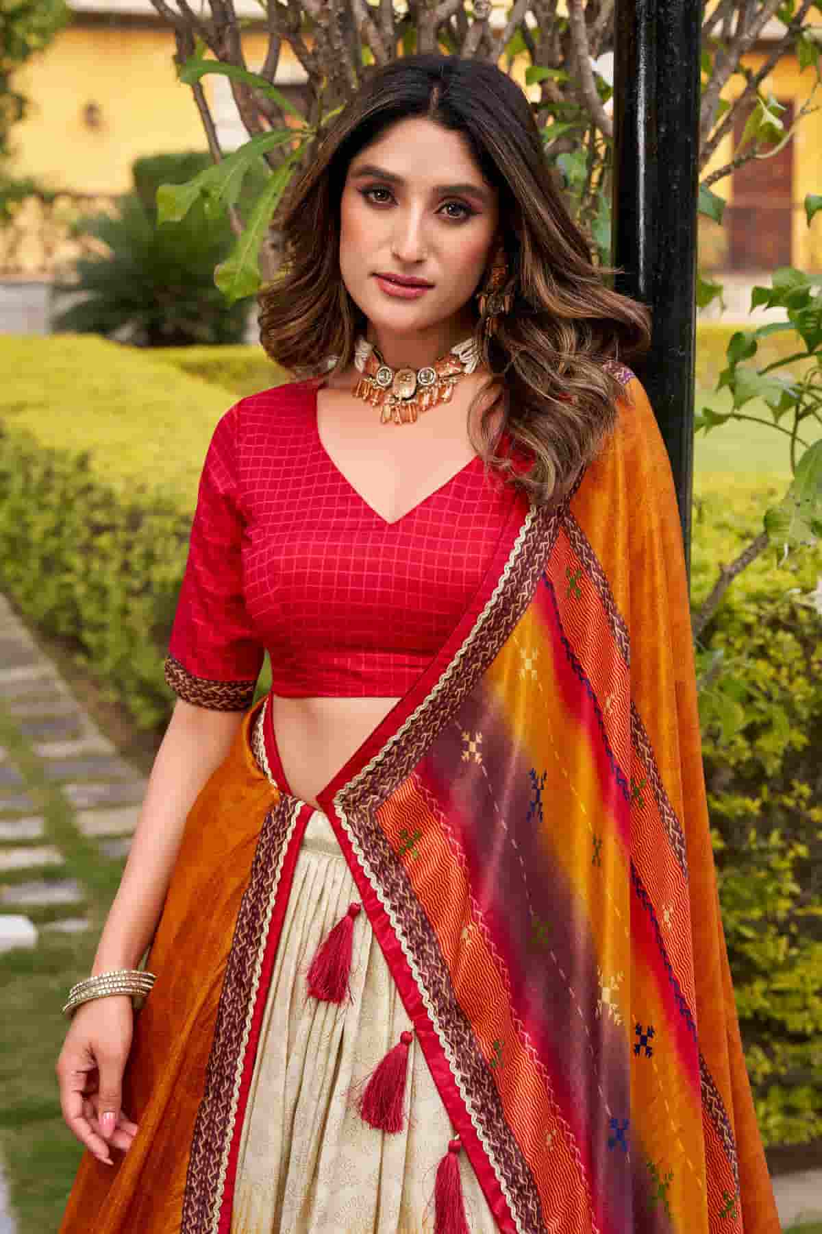 Tasar Silk Zari Woven Work Lehenga Choli In Red Colour