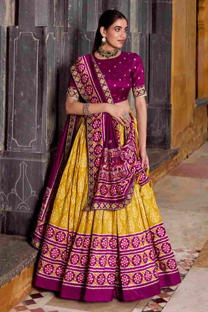 Tasar Silk Zari Woven Work Lehenga Choli In Mustard Colour