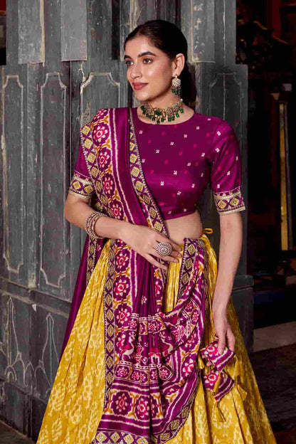 Tasar Silk Zari Woven Work Lehenga Choli In Mustard Colour