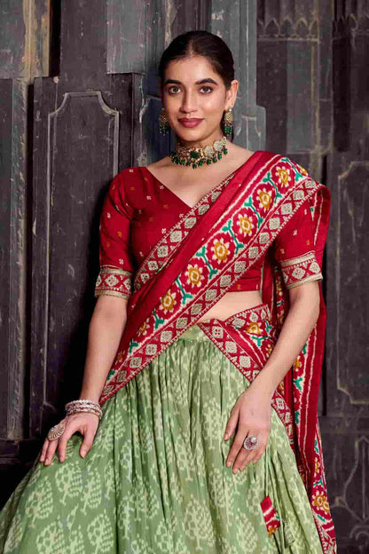Tasar Silk Zari Woven Work Lehenga Choli In Light Green Colour
