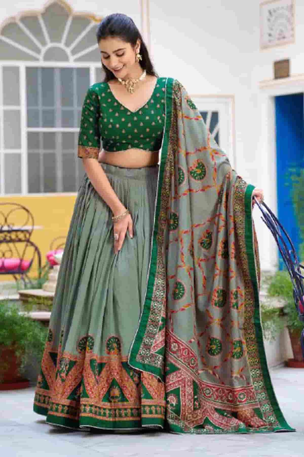 Tasar Silk Zari Woven Work Lehenga Choli In Green Colour