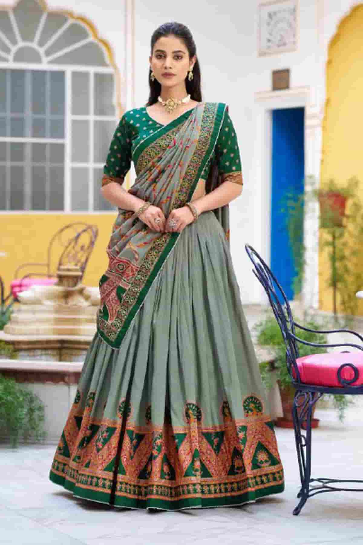 Tasar Silk Zari Woven Work Lehenga Choli In Green Colour