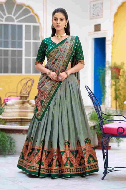 Tasar Silk Zari Woven Work Lehenga Choli In Green Colour