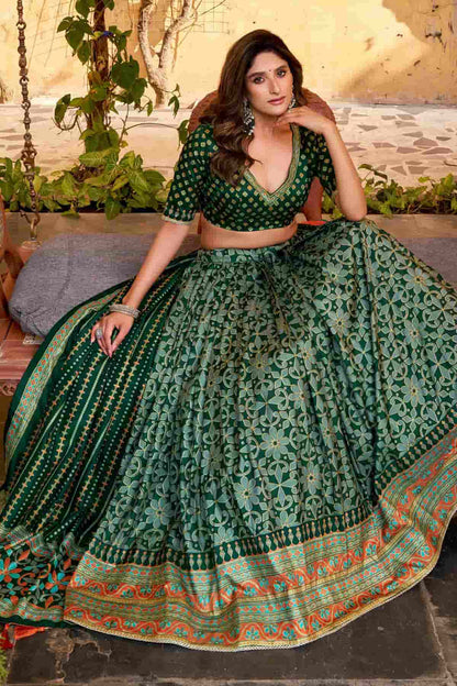 Tasar Silk Zari Woven Work Lehenga Choli In Green Colour