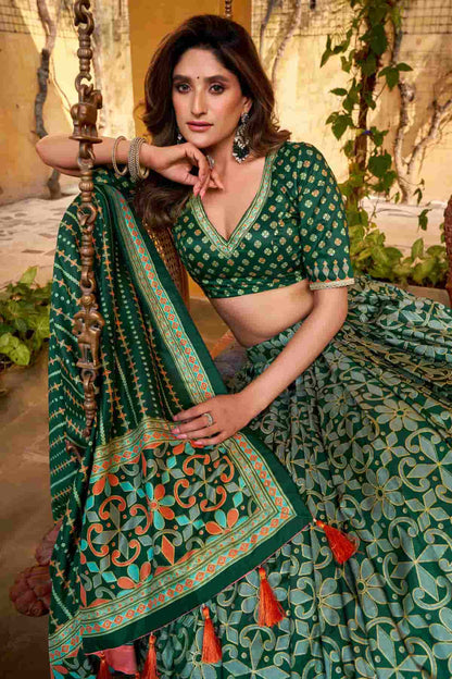 Tasar Silk Zari Woven Work Lehenga Choli In Green Colour