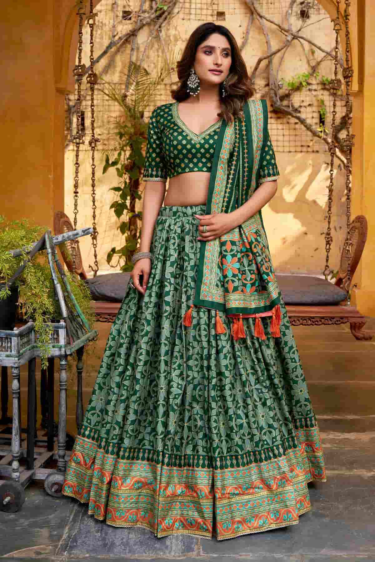 Tasar Silk Zari Woven Work Lehenga Choli In Green Colour