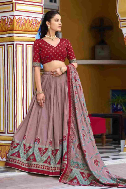 Tasar Silk Zari Woven Work Lehenga Choli In Maroon Colour