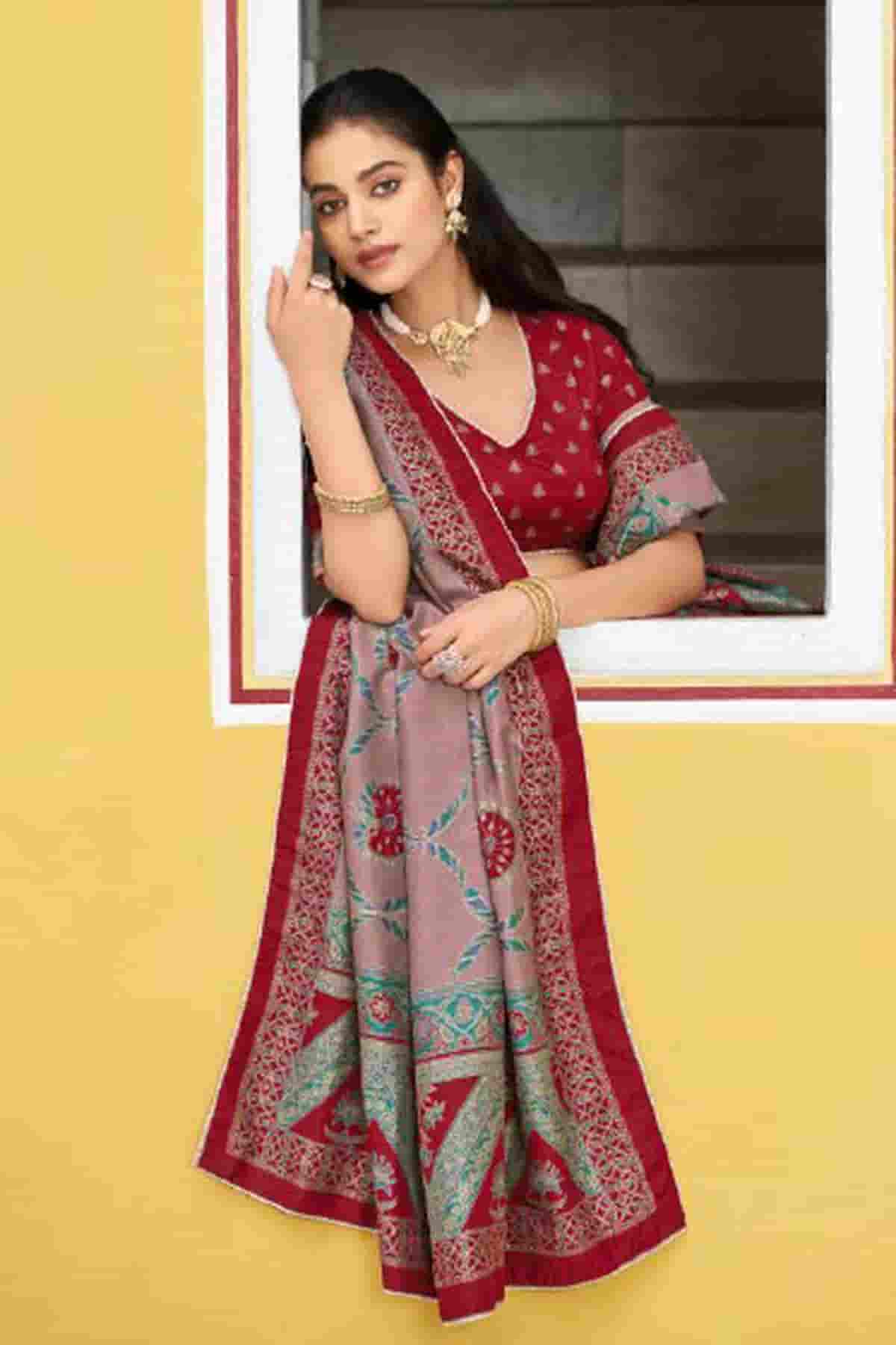 Tasar Silk Zari Woven Work Lehenga Choli In Maroon Colour
