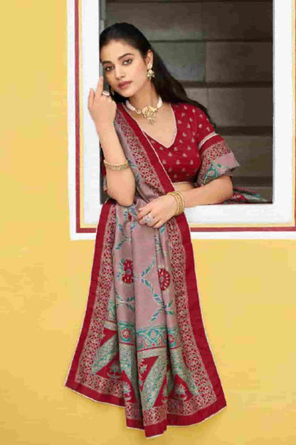 Tasar Silk Zari Woven Work Lehenga Choli In Maroon Colour
