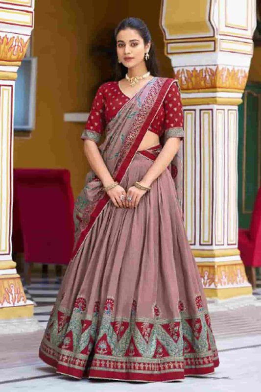 Tasar Silk Zari Woven Work Lehenga Choli In Maroon Colour