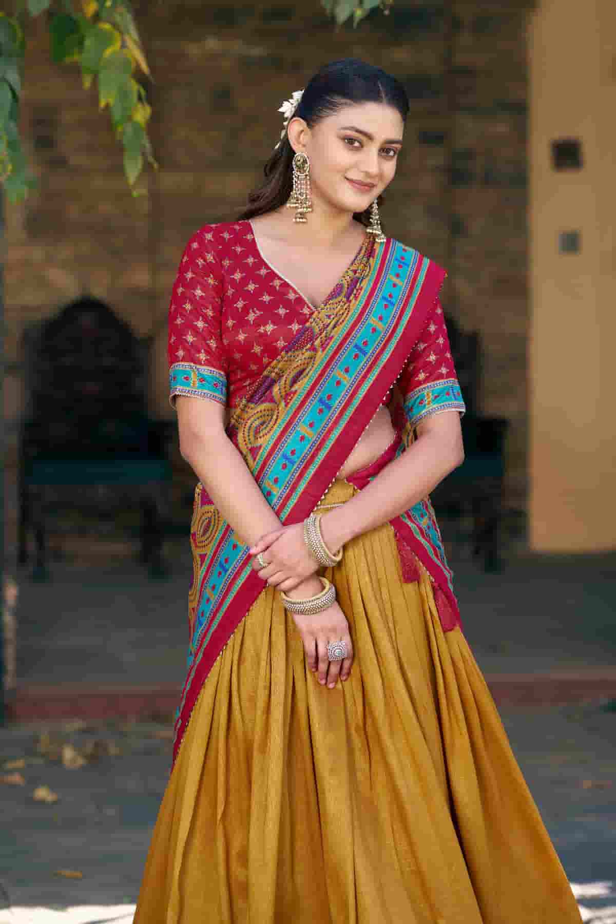 Tasar Silk Zari Woven Work Lehenga Choli In Mustard Brown Colour
