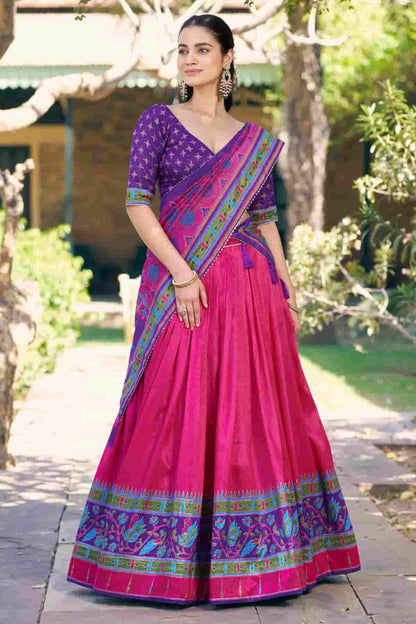 Tasar Silk Zari Woven Work Lehenga Choli In Pink Colour