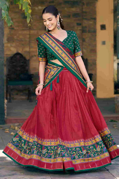 Tasar Silk Zari Woven Work Lehenga Choli In Red Colour