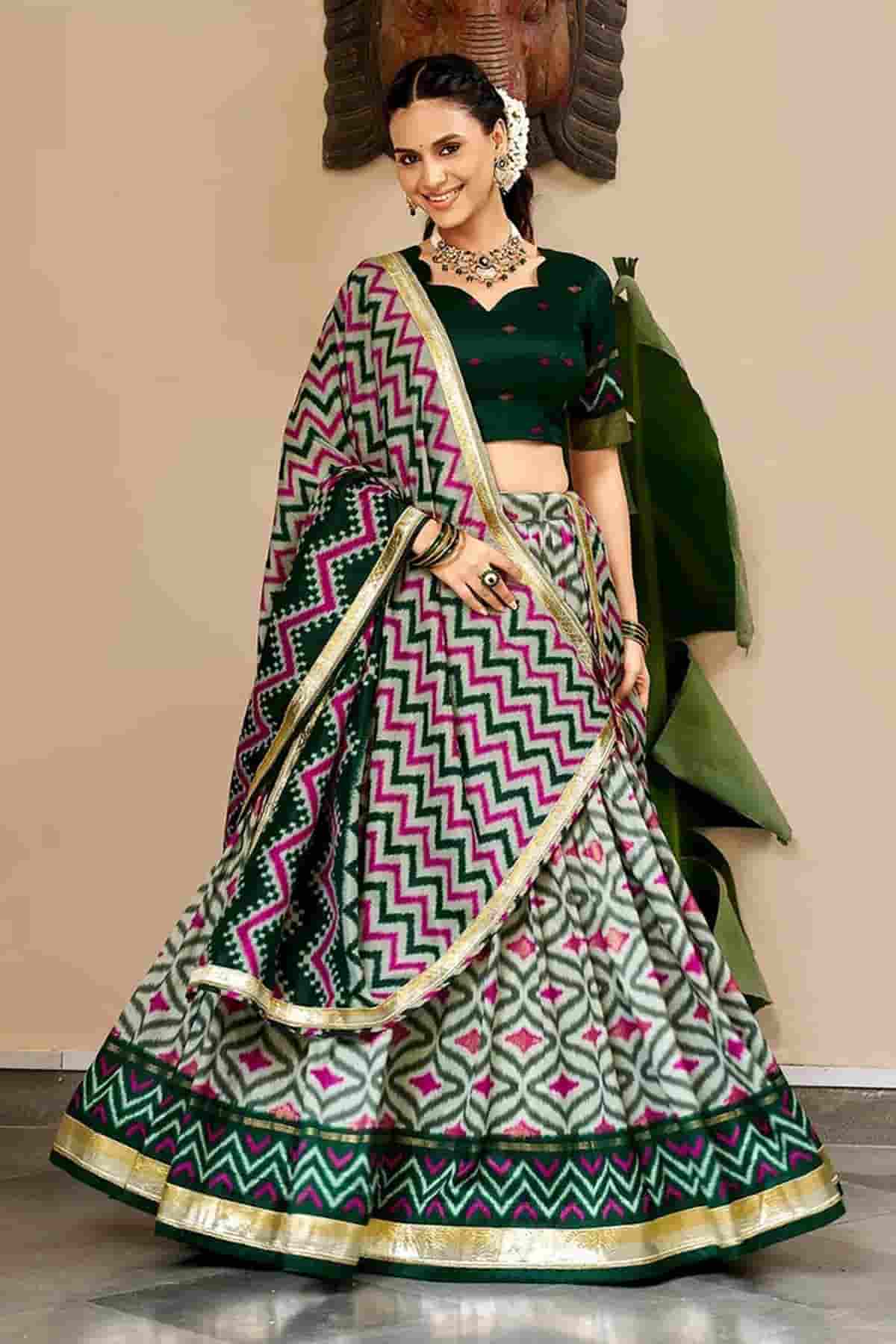Tasar Silk Zari Woven Work Stitched Lehenga Choli In Green Colour