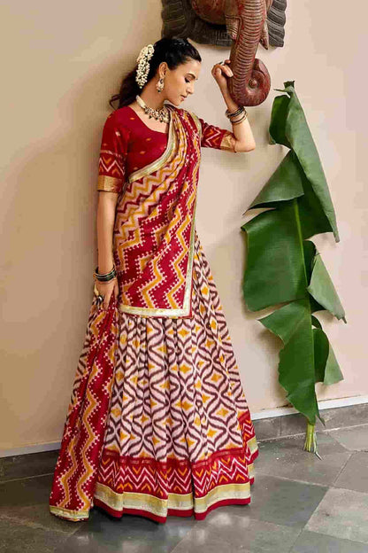Tasar Silk Zari Woven Work Stitched Lehenga Choli In Red Colour