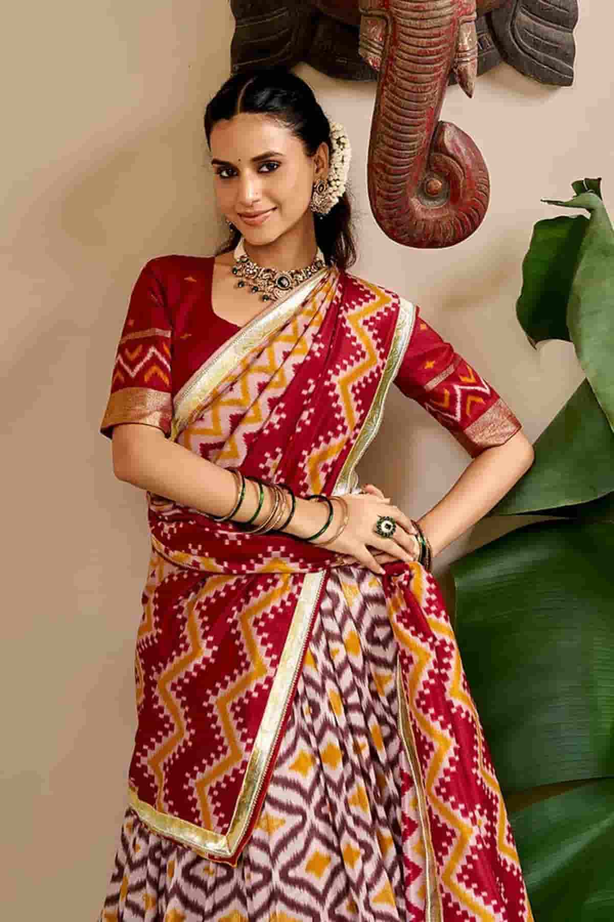 Tasar Silk Zari Woven Work Stitched Lehenga Choli In Red Colour
