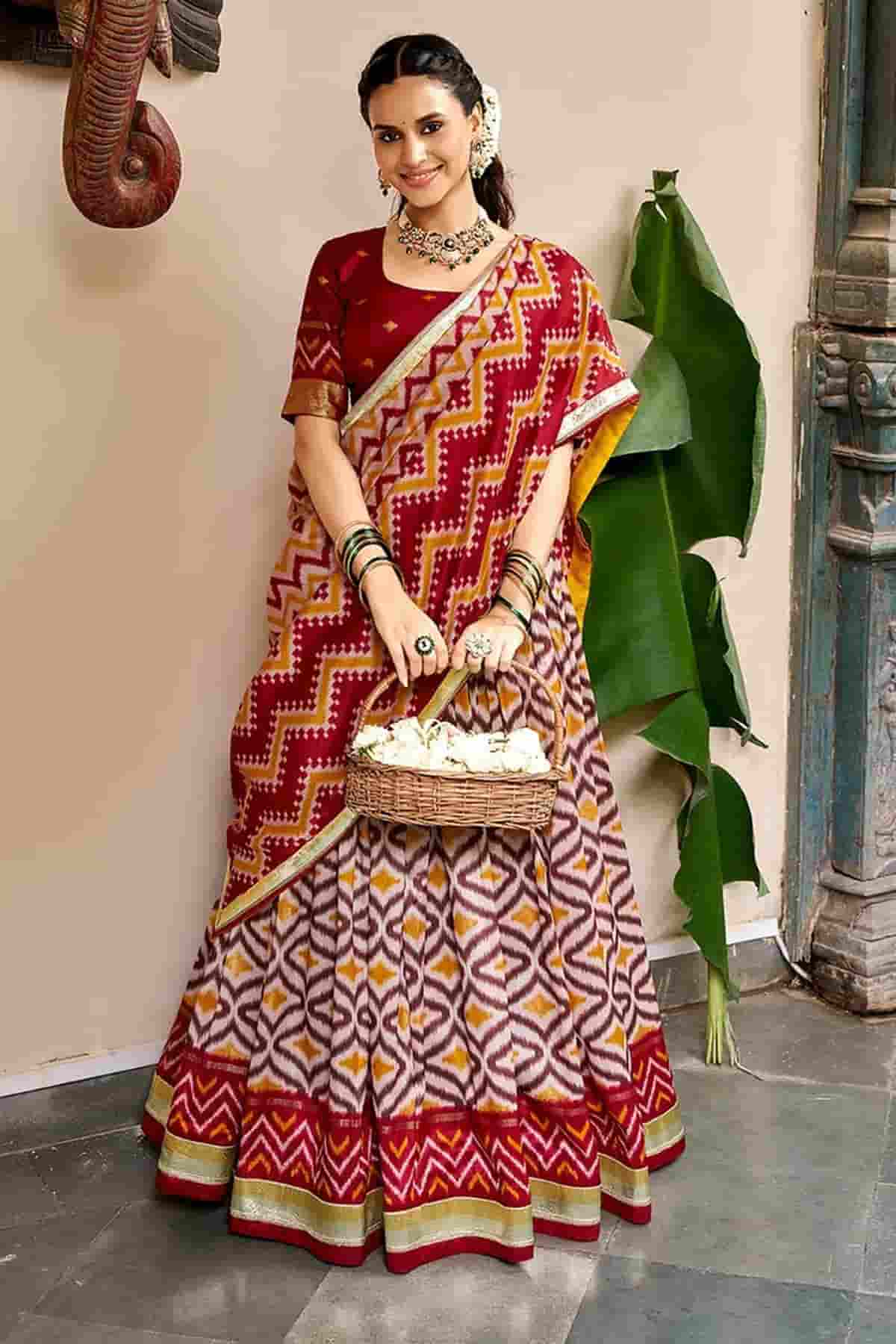 Tasar Silk Zari Woven Work Stitched Lehenga Choli In Red Colour