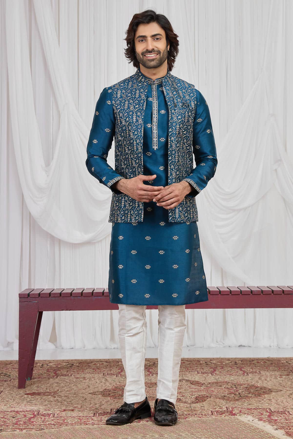 Teal Blue Colour Art Silk Embroidery Work 3 Pcs  Kurta Jacket Set KP1230606
