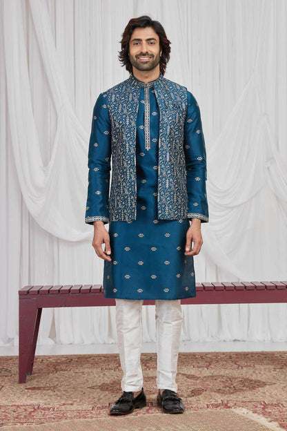 Teal Blue Colour Art Silk Embroidery Work 3 Pcs  Kurta Jacket Set KP1230606